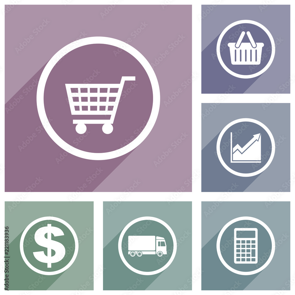 Web and internet business and shopping vector icons, trolley, basket, diagram, calculator, truck, dollar symbol flat design banners in eps 10. Web and internet business and shopping vector icons, trolley, basket, diagram, calculator, truck, dollar symbol flat design banners in eps 10.