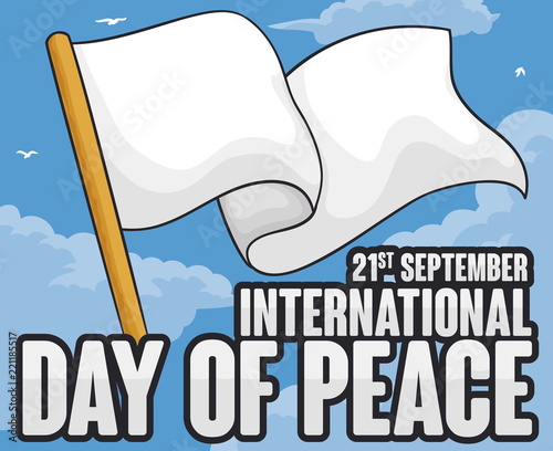 Waving White Flag over Sky for International Day of Peace, Vector Illustration