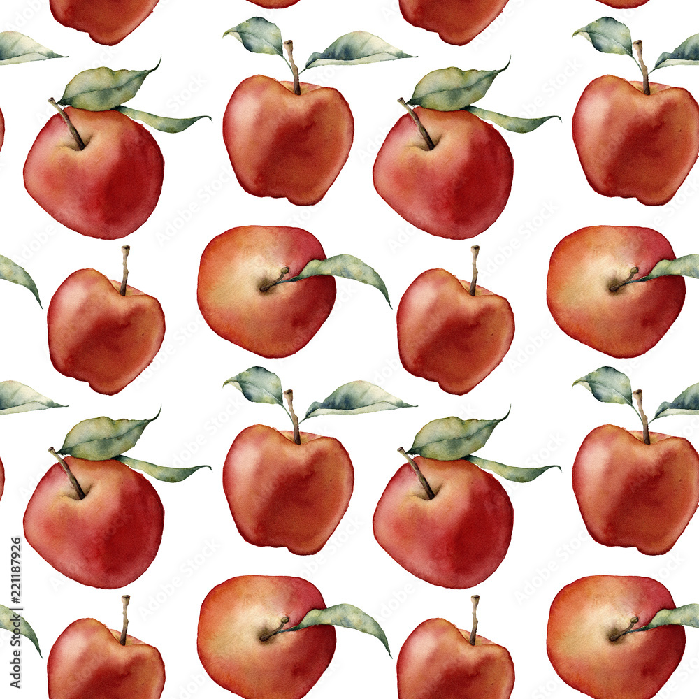 Watercolor apples pattern. Hand painted red apples with leaves isolated on white background. Botanical food illustration for design, print or background Watercolor apples pattern. Hand painted red apples with leaves isolated on white background. Botanical food illustration for design, print or background
