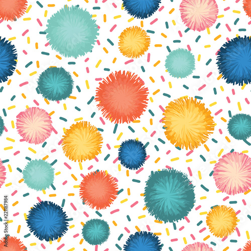 Decorative pom poms and sprinkles seamless repeat vector pattern. Teal, blue, yellow, and red party decor on white background. Great for birthday, card, invitation, packaging, paper, celebration, kids