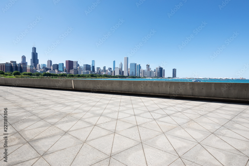 empty ground with modern cityscape in chicago