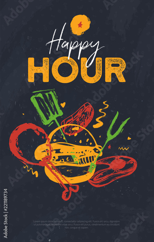 BBQ happy hour flyer banner on grunge pub pattern. Dark poster with bright grunge illustration of steak, junk food