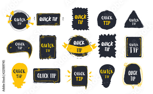 Quick tips badge set on black banners with light bulb. Different grunge styles in shape of circle, square