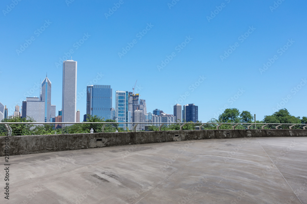 empty ground with modern cityscape in chicago empty ground with modern cityscape in chicago