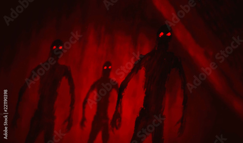 Photos Attack zombies inside tomb. Red color.