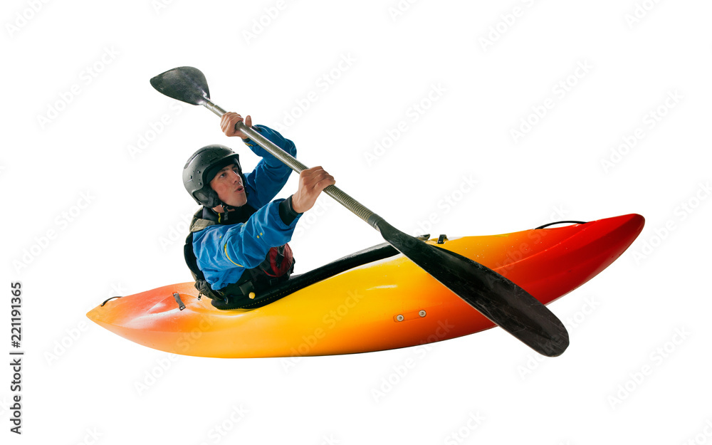 Whitewater kayaking isolated on white