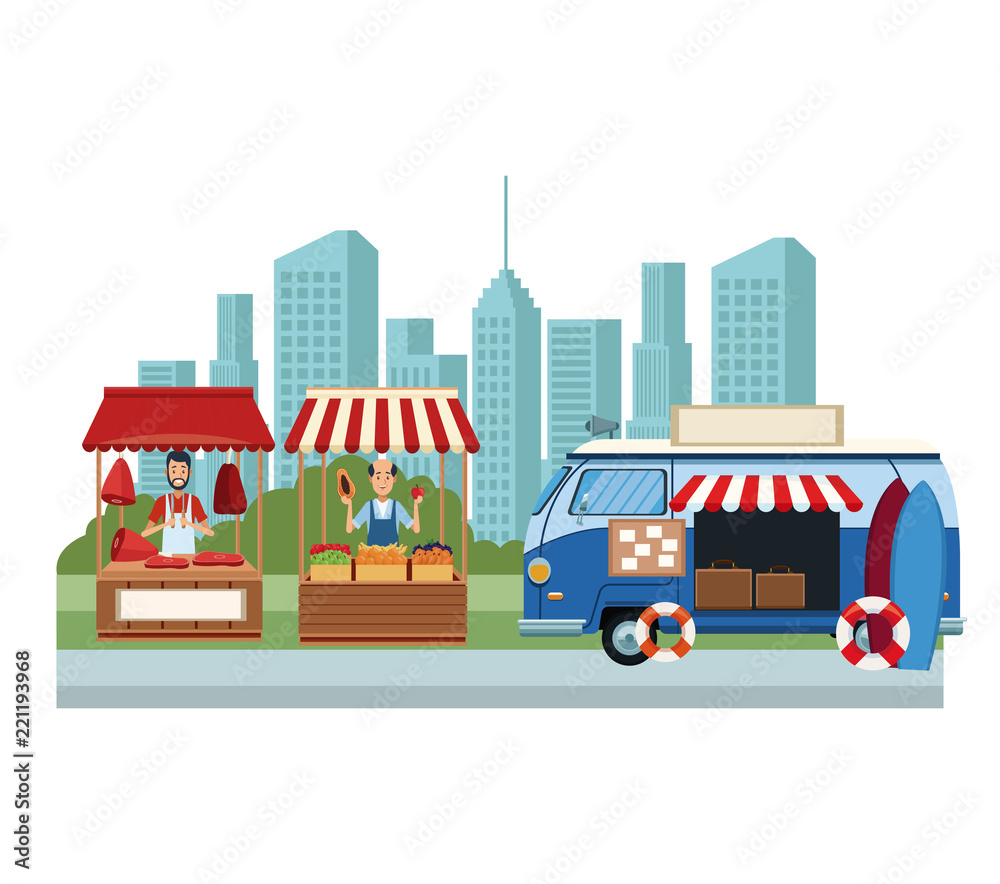 Food booth and shops at city scenery cartoons vector illustration graphic design