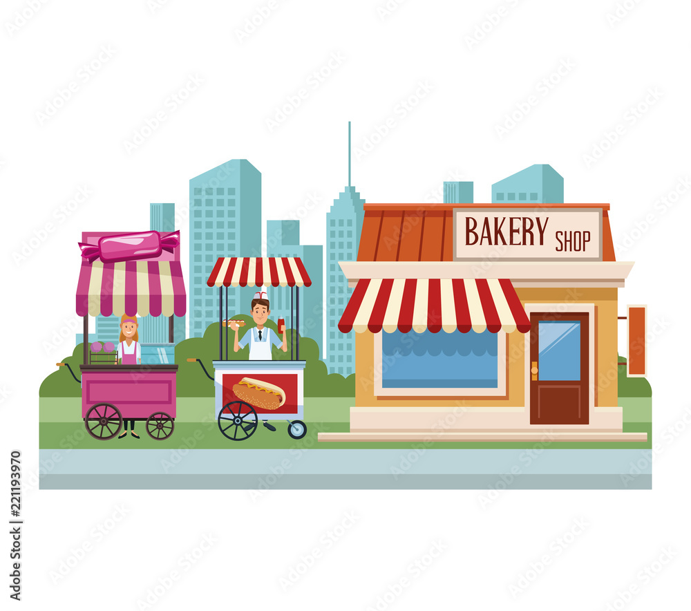 Food booth and shops at city scenery cartoons vector illustration graphic design Food booth and shops at city scenery cartoons vector illustration graphic design