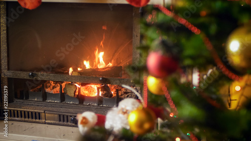 Closeup image of Christmas tree and burning fireplace in living room