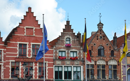 Bruges, Belgium - August 25, 2018: Grote Markt square in medieval city Brugge, Flanders, Belgium.