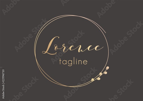 Premade golden logo design with minimalistic floral wreath. Feminine logotype template in elegant artistic style