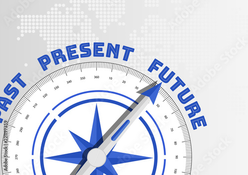 Future versus past and present concept with compass pointing towards text