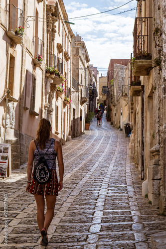 Nice, typical street in Erice (mountain town near trapani, Sicily, Italy) with a tourist