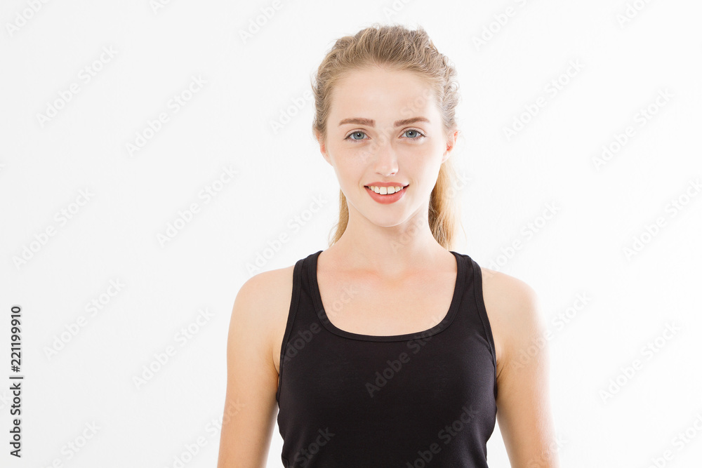 Beautiful caucasian woman in blank t shirt isolated on white background. Perfect Skin care and young female face. Copy space Beautiful caucasian woman in blank t shirt isolated on white background. Perfect Skin care and young female face. Copy space
