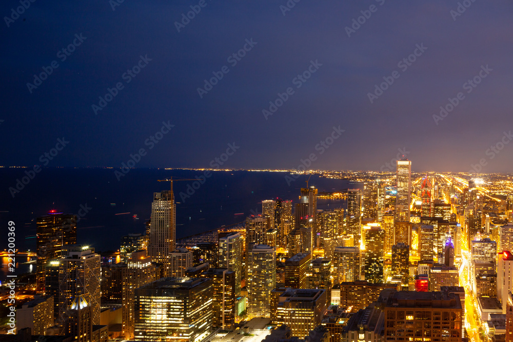 aerial view of cityscape of chicago at night