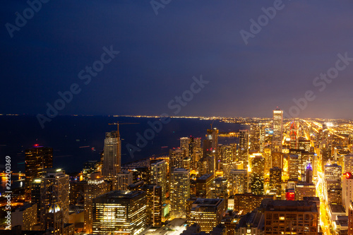 aerial view of cityscape of chicago at night