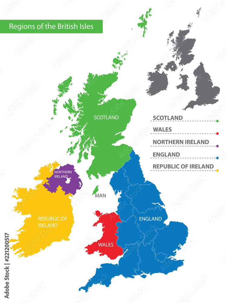 Color detailed map of the regions and countries of the British Isles ...