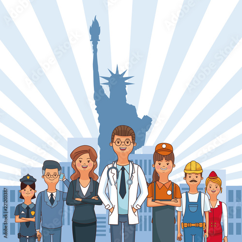 Happy labor day with people professions and jobs cartoons vector illustration graphic design