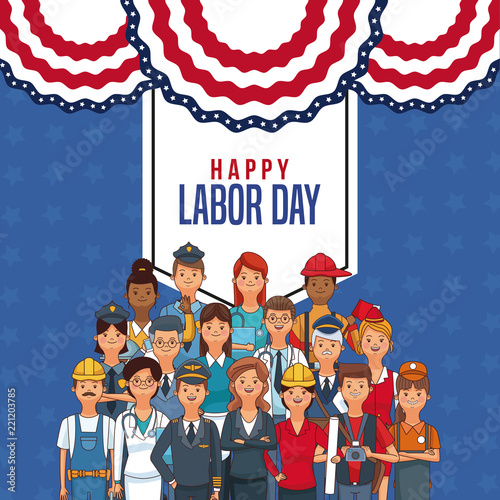 Happy labor day card with people professions and jobs cartoons vector illustration graphic design