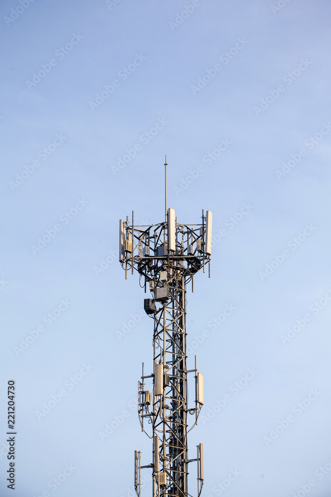 Close up communication tower top. Radio antenna Tower , microwave antenna tower on light sky background. wireless technology concept. communication development concept. image for objects and article.