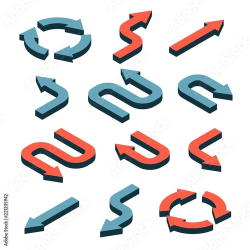 Set of Isometric 3d arrows in different directions with bends and curves.