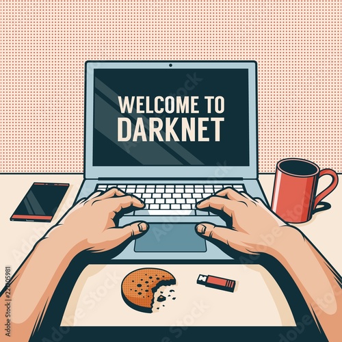 The workplace with a laptop and hands on it is a first-person view. Pop art retro style.