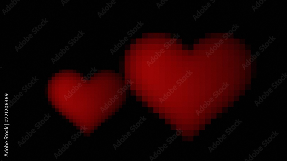 Two heart symbols, big and small, made of red digital pixels, beating in the darkness.
