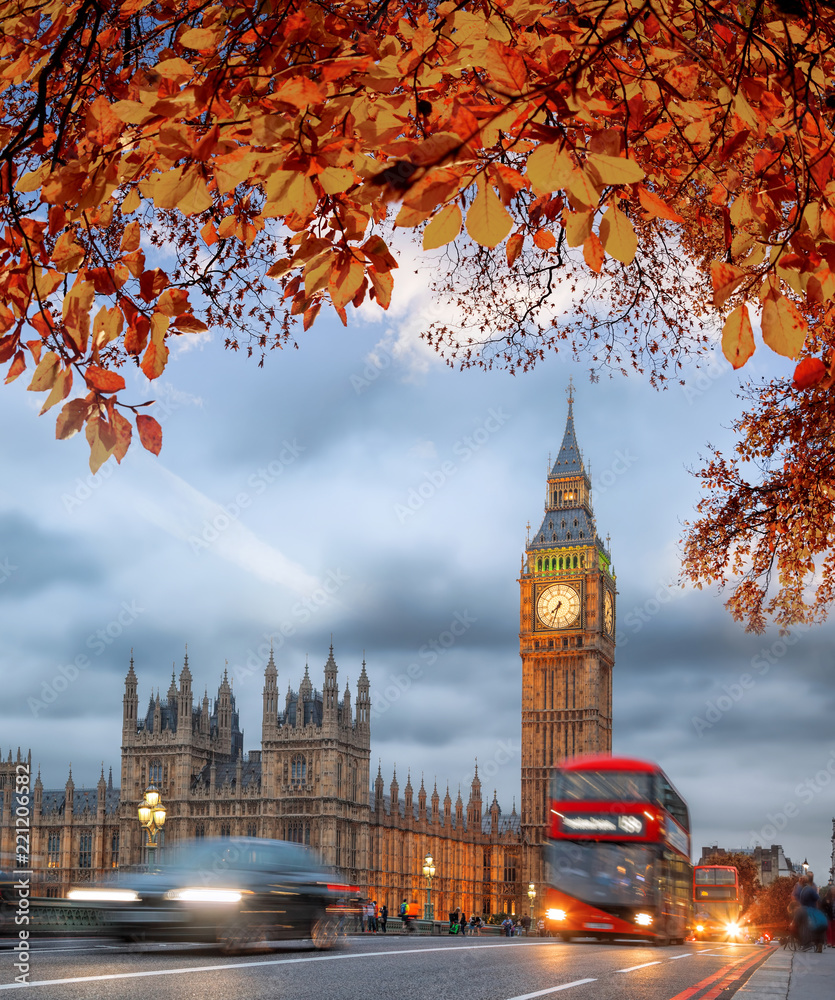 Naklejka premium Autobusy z jesiennymi liśćmi przeciwko Big Ben w Londynie, Anglii, Wielkiej Brytanii