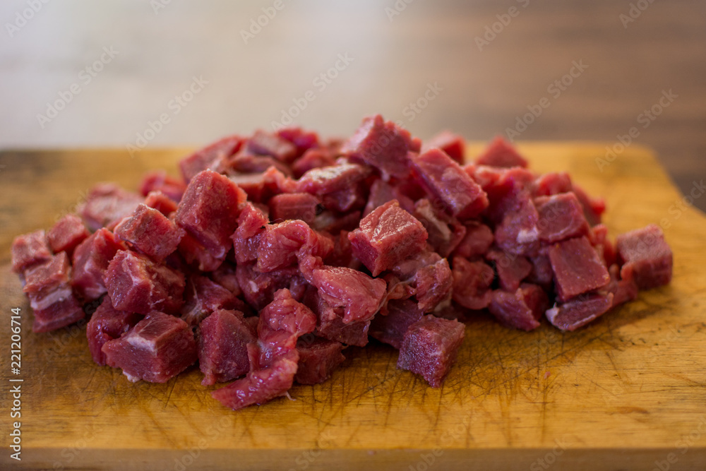 raw red meat chopped for strogonoff
