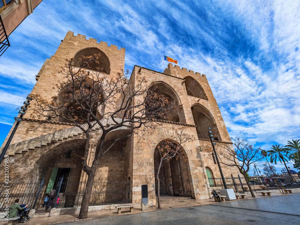 Torres de Serrano, antique medieval christians towers the city of Valencia, Spain built in valencian gothic style