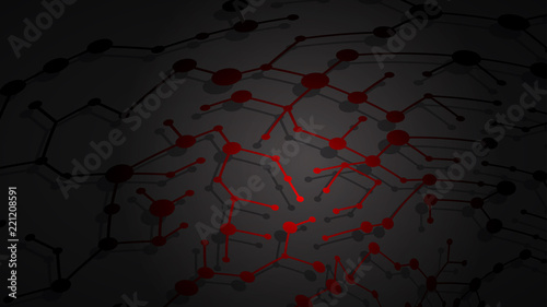 Abstract illustration of red connecting lines and dots with shadows on black background