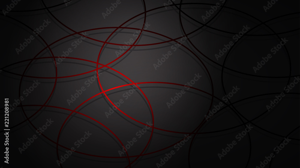 Abstract illustration of red connecting lines and dots with shadows on black background