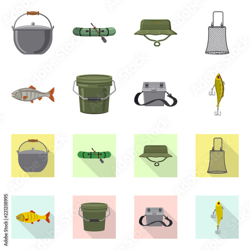 Vector design of fish and fishing logo. Collection of fish and equipment stock vector illustration.