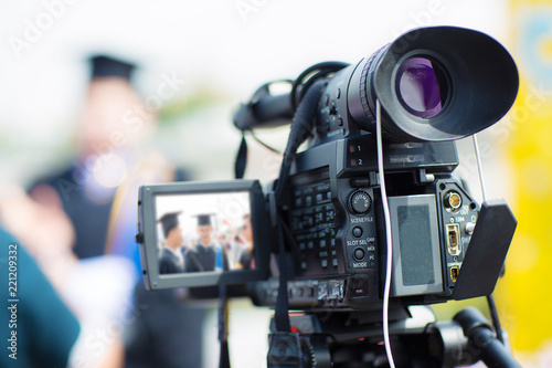 camera show viewfinder image catch motion in interview or broadcast wedding ceremony, catch feeling, stopped motion in best memorial day concept.Video Cinema From dslr camera.video cinema production . © kanpisut