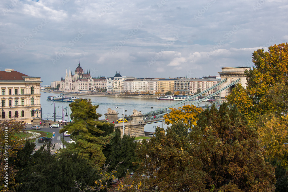 Hungarian parliament building at Danube river in Budapest city, Hungary. Cloudy day in autumn