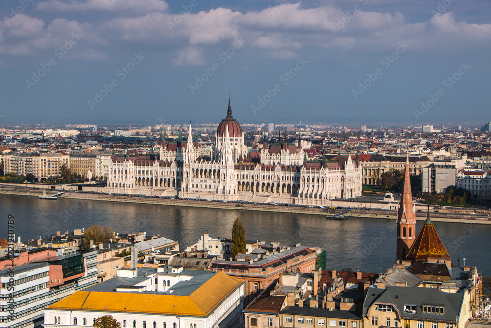 Hungarian parliament building at Danube river in Budapest city, Hungary. Cloudy day in autumn