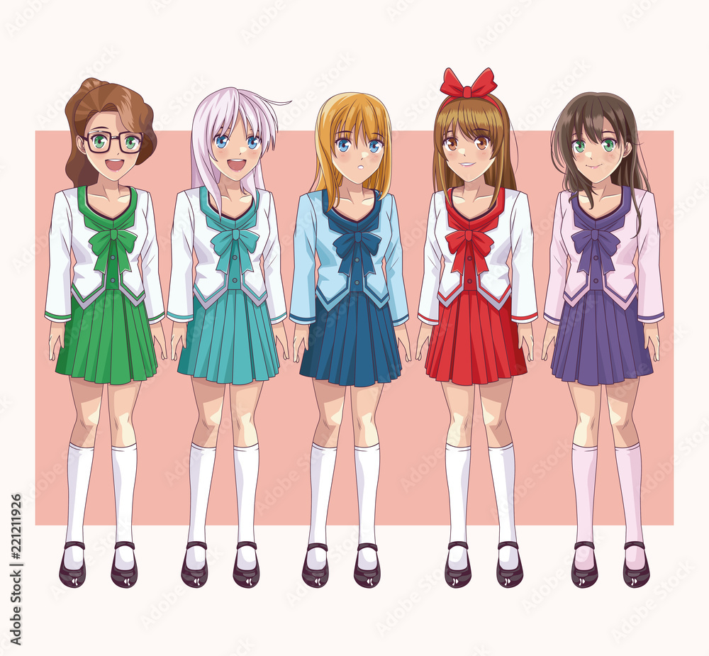 Set of beautiful anime young womens with school with school dress vector illustration graphic design