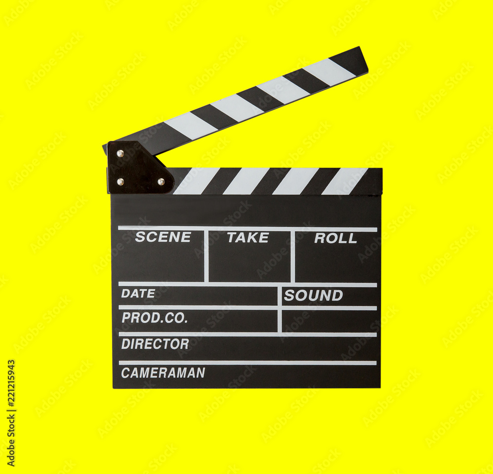 Movie clapper isolated on yellow background. clapper board film. slate cinema film with clipping path. cinema production. image for background, wallpaper, objects and copy space.