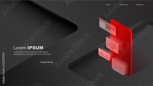 Concepts mobile usage, personal data. Header for website with smartphone and modules concept on black and red background. Design for Landing Page. 3d isometric flat design. Vector illustration.