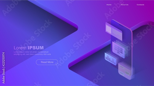 Concepts mobile usage, personal data. Header for website with smartphone and modules concept on blue violet background. Design for Landing Page. 3d isometric flat design. Vector illustration.