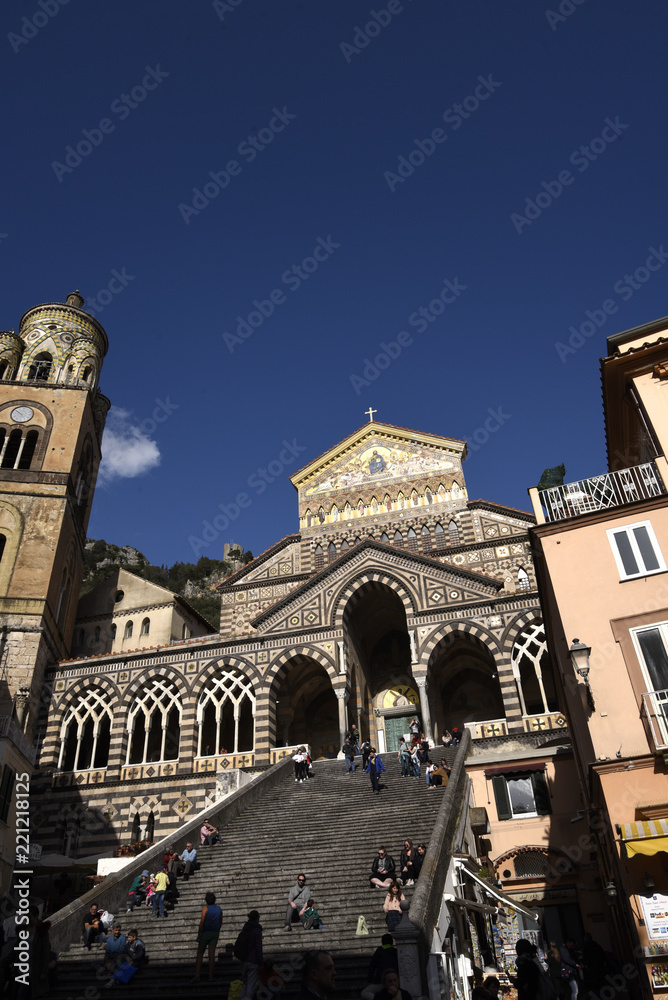 At the top of a staircase, Saint Andrew's Cathedral (Duomo) overlooks the Piazza Duomo, the heart of Amalfi. The cathedral dates back to the 11th century. The stairs were built in 1203

