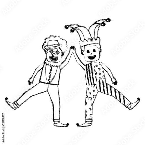 funny happy clown and man with jester clothes hat characters