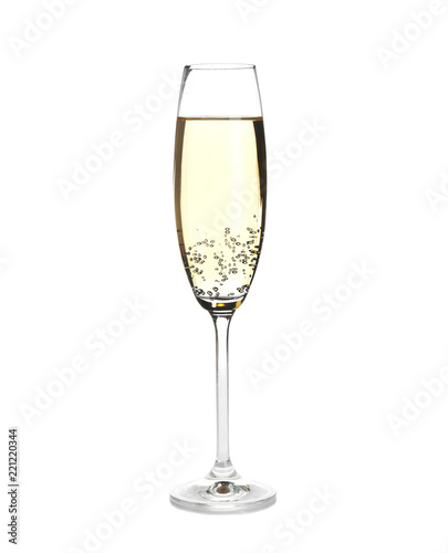 Glass of champagne on white background. Festive drink