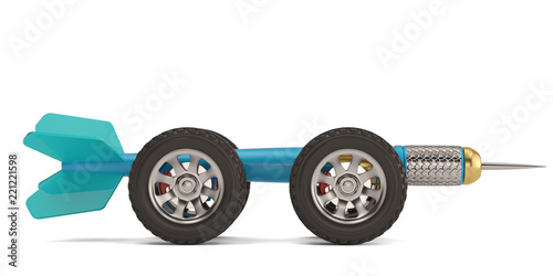 Creative illustration big darts with wheels isolated on white background 3D illustration.
