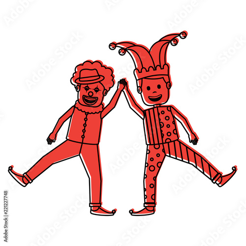 funny happy clown and man with jester clothes hat characters