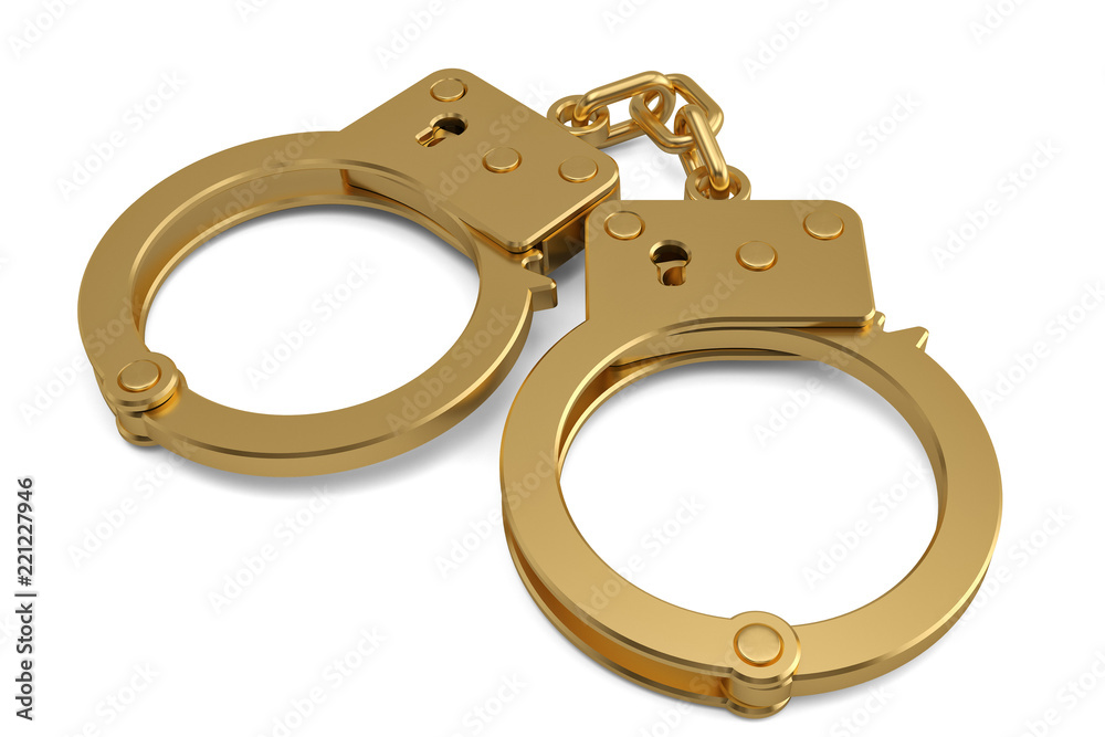 A golden handcuffs isolated on white background 3D illustration. A golden handcuffs isolated on white background 3D illustration.