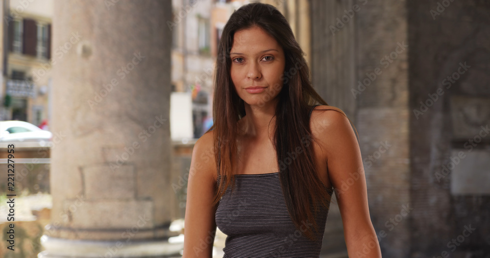 Beautiful smiling tourist woman visiting the Pantheon in Rome Italy