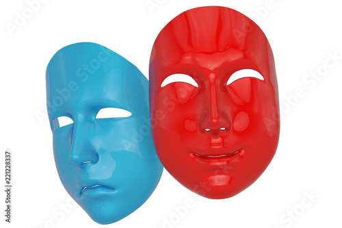 Happy and sad mask isolated on white background 3D illustration.