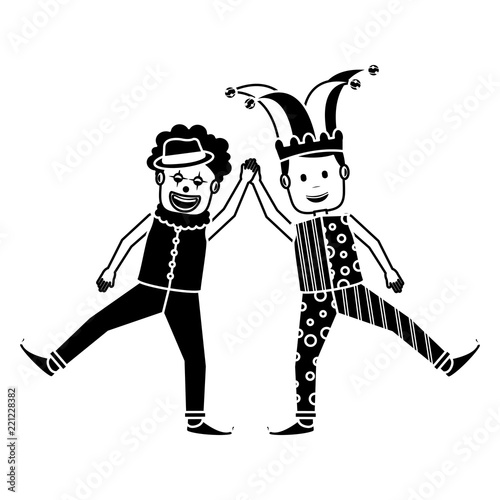 funny happy clown and man with jester clothes hat characters