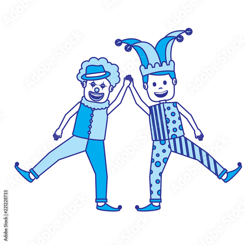 funny happy clown and man with jester clothes hat characters